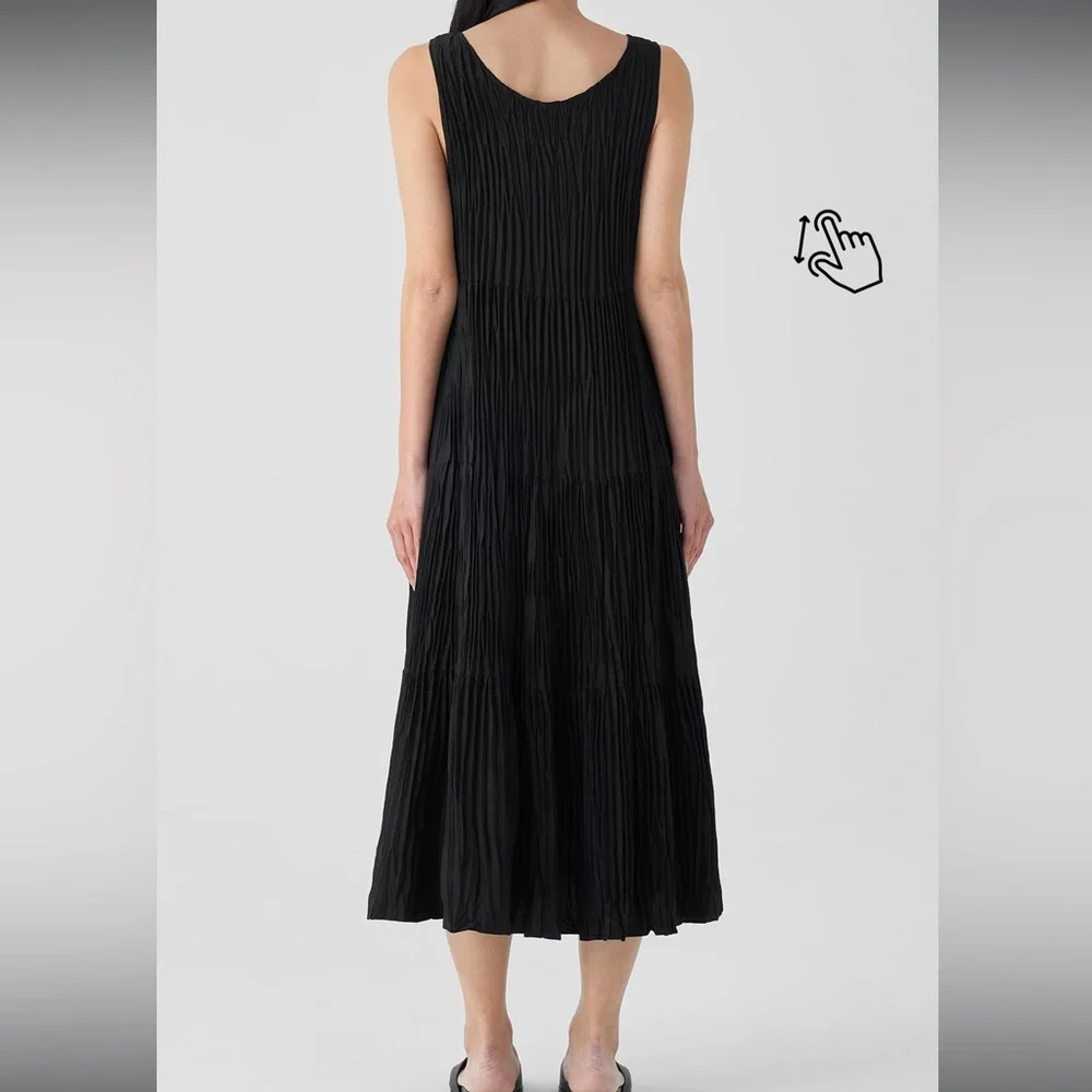NWOT Eileen Fisher Crushed Silk Tiered Midi BLACK Dress Size XL Quiet Luxury_4